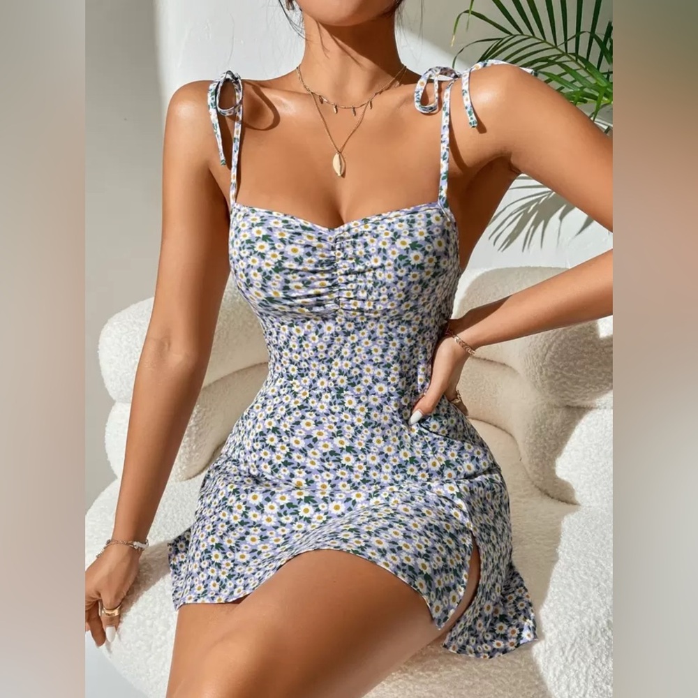 SHEIN Petite Ditsy Floral Cami Dress Size Large Ruched Tie Split Hem Summer